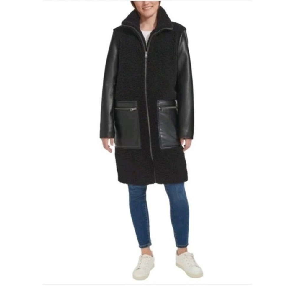 NWT Andrew Marc Women's Bouclé Mixed Media Coat Black Faux Leather Sherpa Sz M
